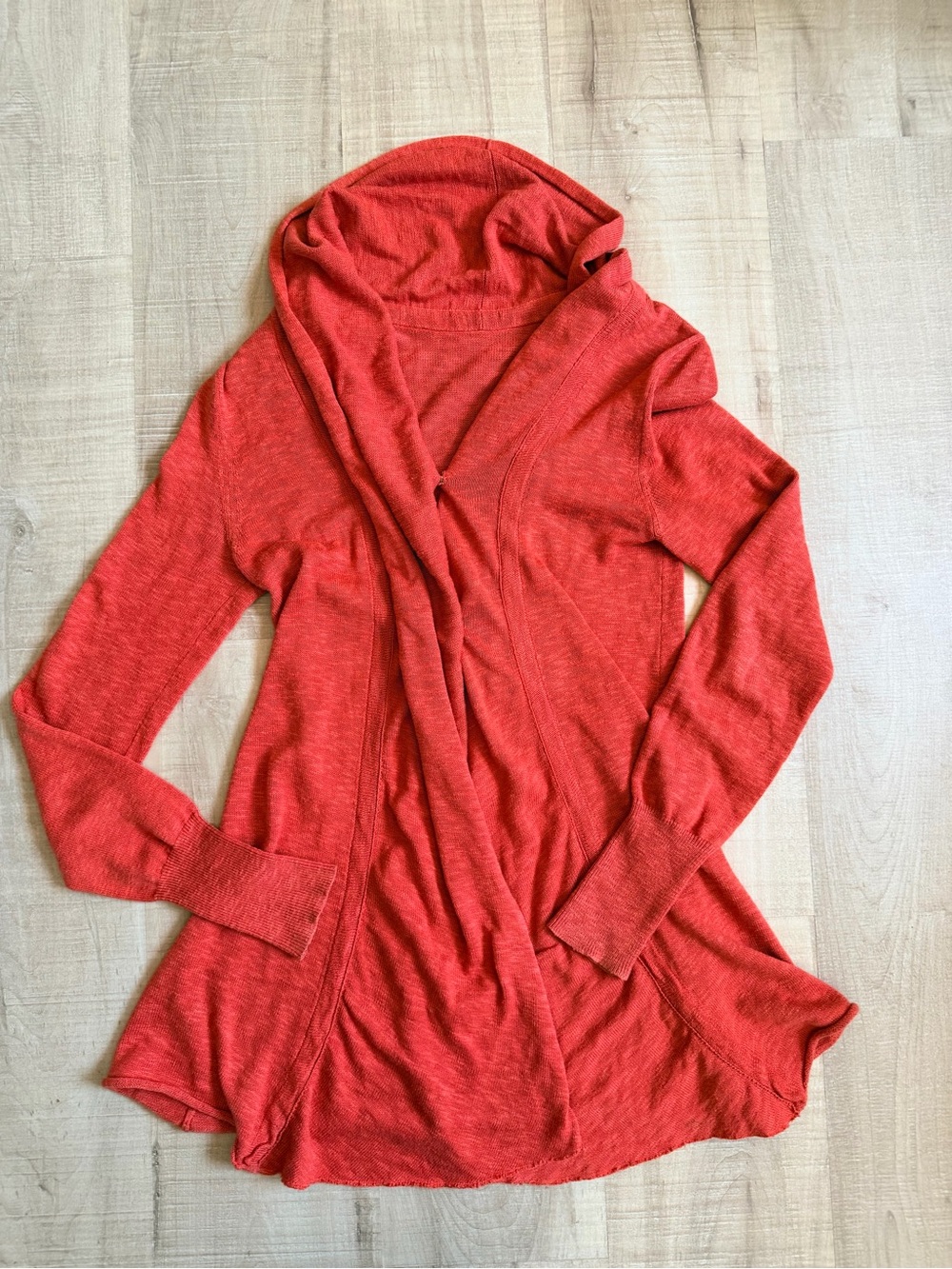 Free People Rust Terracotta Hooded Cardigan Sweater Hook Eye Front Ribbed Cuffs⁠